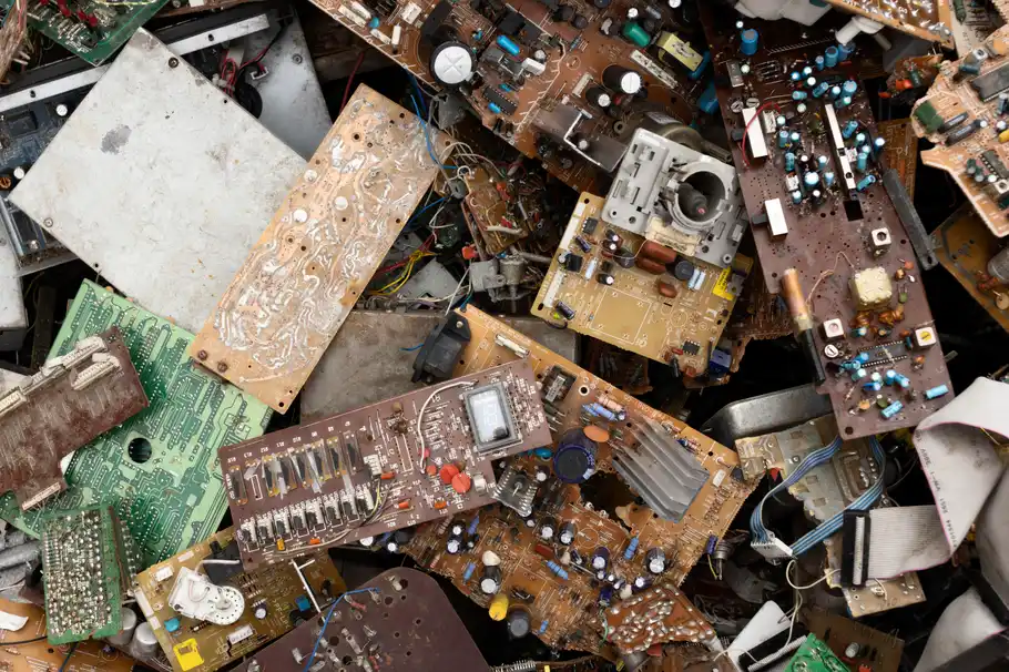 Assorted electronic waste and discarded electronics ready for recycling